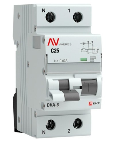 DVA-6 1P+N 25А (C) 30мА (AC) 6кА  AVERES (rcbo6-1pn-25C-30-ac-av). Автоматический выключатель дифференциального тока. EKF в Электростали