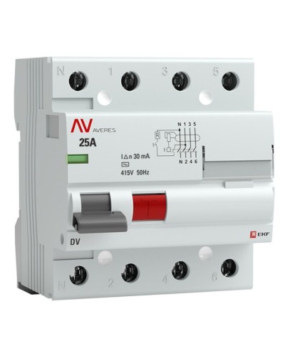 DV 4P 25А/ 30мА (AC)  AVERES (rccb-4-25-30-ac-av). Выключатели дифференциального тока (УЗО). EKF в Электростали