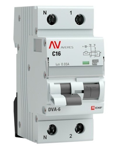 DVA-6 1P+N 16А (C) 30мА (A) 6кА  AVERES (rcbo6-1pn-16C-30-a-av). Автоматический выключатель дифференциального тока. EKF в Электростали