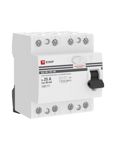УЗО ВД-100 4P 25А 30мА тип AC эл-мех  PROxima (elcb-4-25-30-em-pro). Выключатель дифференциального тока (УЗО). EKF в Электростали