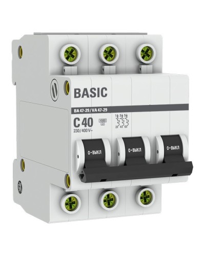 Автоматический выключатель 3P 40А (C) 4,5кА ВА 47-29 Basic (mcb4729-3-40C). Автоматический выключатель. EKF в Электростали