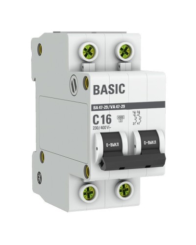 Автоматический выключатель 2P 16А (C) 4,5кА ВА 47-29 Basic (mcb4729-2-16C). Автоматический выключатель. EKF в Электростали