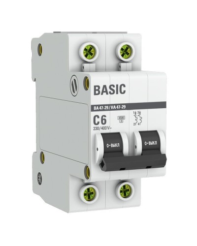 Автоматический выключатель 2P 6А (C) 4,5кА ВА 47-29 Basic (mcb4729-2-06C). Автоматический выключатель. EKF в Электростали
