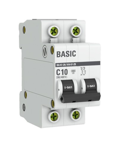 Автоматический выключатель 2P 10А (C) 4,5кА ВА 47-29 Basic (mcb4729-2-10C). Автоматический выключатель. EKF в Электростали