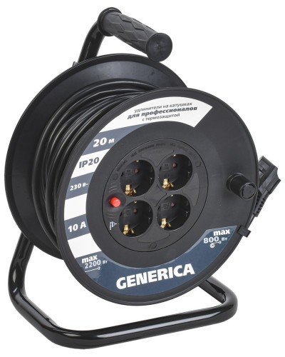 УК20 4 места 2P+PE, 20м GENERICA (WKP10-10-04-20-G). Удлинитель на катушке с термозащитой, 3х1,0кв.мм. IEK в Электростали