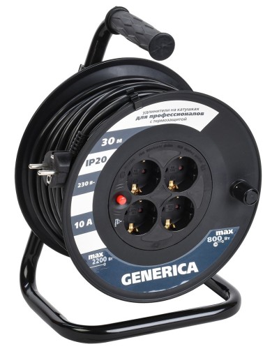 УК30 4 места 2P+PE, 30м GENERICA (WKP10-10-04-30-G). Удлинитель на катушке с термозащитой, 3х1,0кв.мм. IEK в Электростали