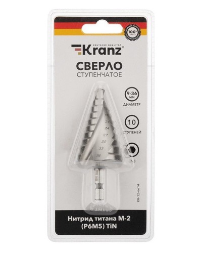 Сверло по металлу ступенчатое ТИТАН 9,0-36,0 мм 110 mm 65 HRC Р6М5 TiN Kranz (KR-12-6614): Сверло по металлу шлифованное в Электростали